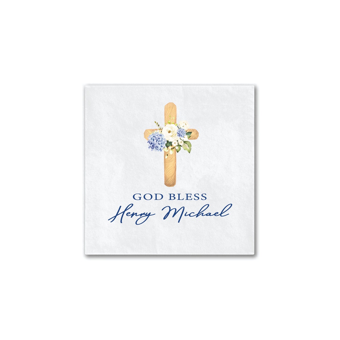 Blue Floral Cross God Bless Religious Napkins, Personalized Religious