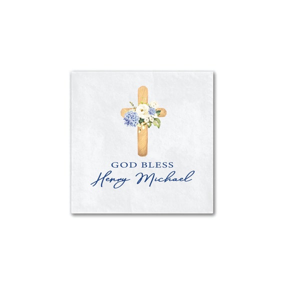 Blue Floral Cross God Bless Religious Napkins, Personalized Religious