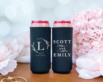 Floral Initial Slim Can Cooler - Personalized Wedding Favor