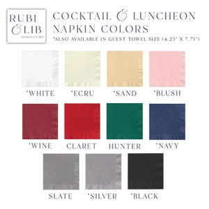 a collection of cocktail and luncheon napkin colors available in guest towel sizes, including white, ecru, sand, blush, wine, claret, hunter, navy, slate, silver, and black.