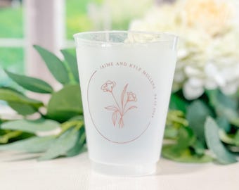 Modern Wedding Cups - Frosted 16oz Plastic with Fancy Script