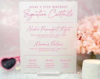 Birthday Cocktail Bar Sign, Acrylic Signature Drink Menu (Custom Sizes)
