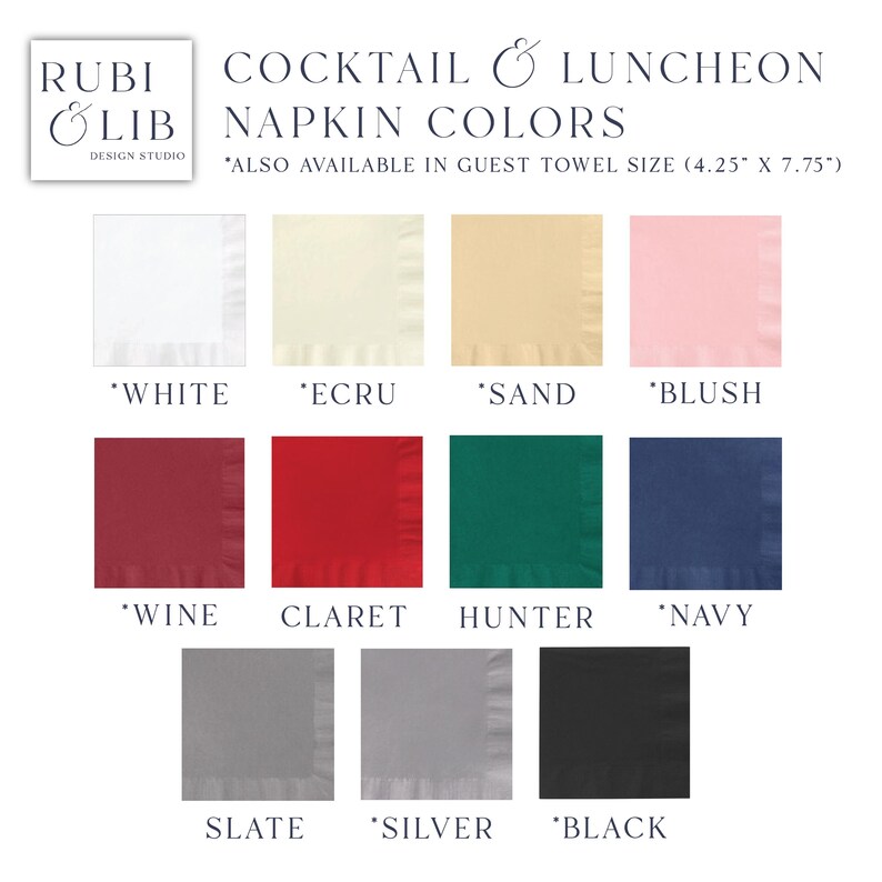 a collection of cocktail and luncheon napkin colors available in guest towel sizes, including white, ecru, sand, blush, wine, claret, hunter, navy, slate, silver, and black.