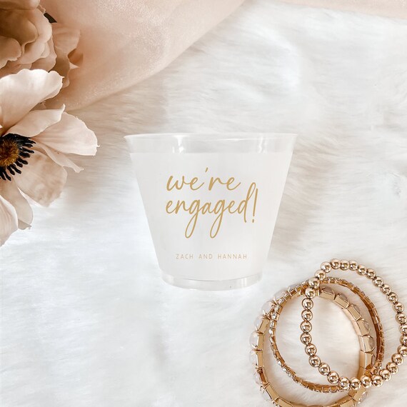 We're Engaged Frosted Engagement Party Cups, Modern Wedding Cups, Fancy Elegant Script, Custom Wedding Cups, Plastic Cups Il_570xn
