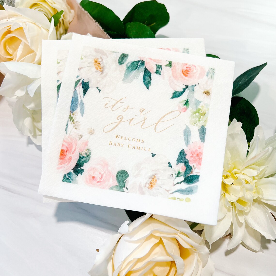 Pink Floral Baby Shower Napkins Personalized Napkins Custom Etsy