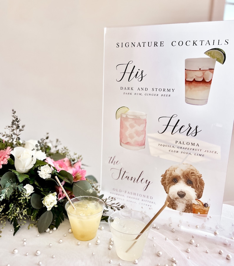 Dog Signature Cocktails Acrylic Sign, Two Dog Signature Drink Bar Menu, Pet Wedding Bar Menu, Wedding Bar Sign, Acrylic Bar Menu Sign image 1