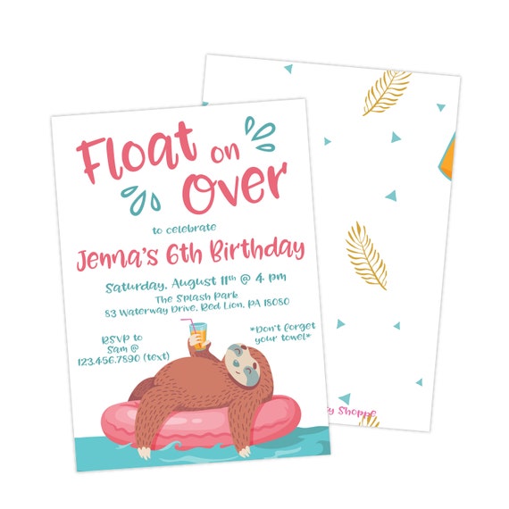 INSTANT DOWNLOAD Sloth Invitation, Float on Over, Boy or Girl Birthday Party, Sloth Party, Sloth First Birthday, Pool Party, Sloth Il_570xn