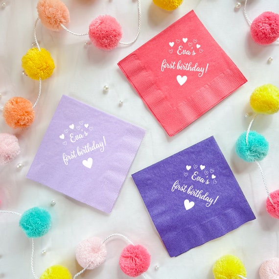 First Birthday Love Personalized Napkins, Happy 1st Birthday, Custom Napkins, White and Pink Birthday Party, Heart Birthday Il_570xn