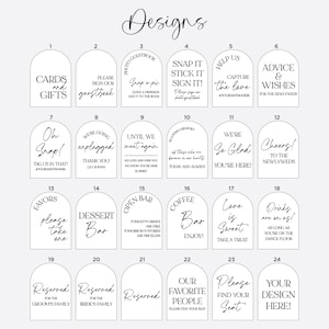 May include: A collection of twenty-four arched signs featuring black text on a white background. Each sign displays unique wedding-related phrases such as Cards and Gifts, Dessert Bar, and Reserved, organized in a grid with numbered labels.