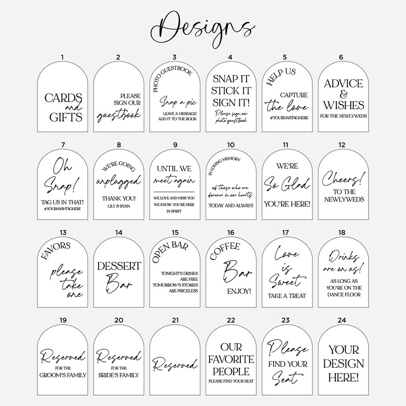 May include: A collection of twenty-four arched signs featuring black text on a white background. Each sign displays unique wedding-related phrases such as Cards and Gifts, Dessert Bar, and Reserved, organized in a grid with numbered labels.