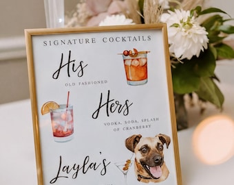 Dog Signature Cocktail Sign: Custom Pet Portrait Wedding Bar Menu