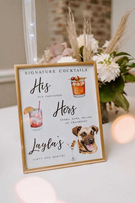Dog Signature Cocktail Sign: Custom Pet Portrait Wedding Bar Menu