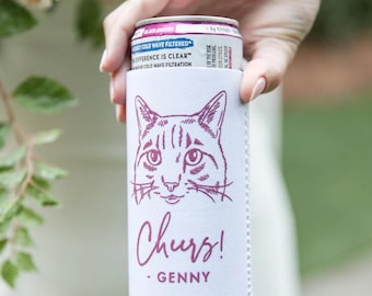 Custom Pet Can Cooler - Personalized Cat Wedding Favor, Slim Can Holder Illustration