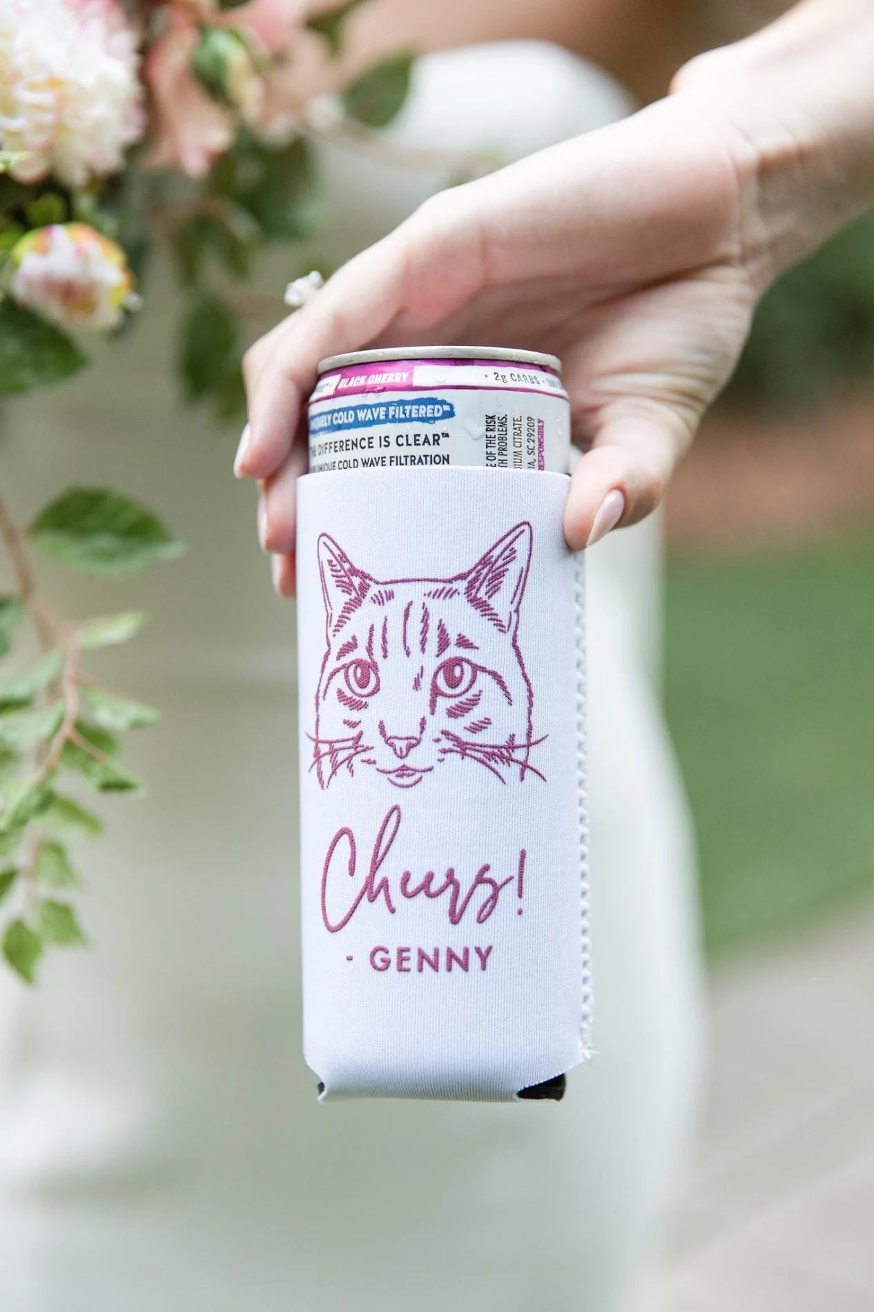 Custom Pet Can Cooler - Personalized Cat Wedding Favor, Slim Can