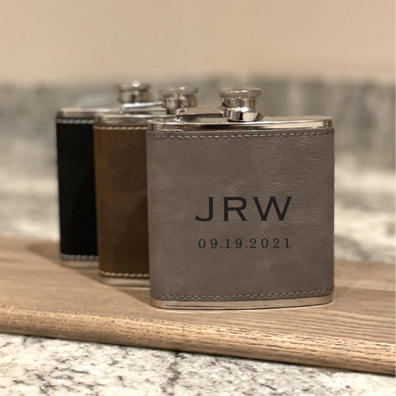 Groomsmen Flask Set, Engraved Flask, Monogrammed Flask, Leatherette