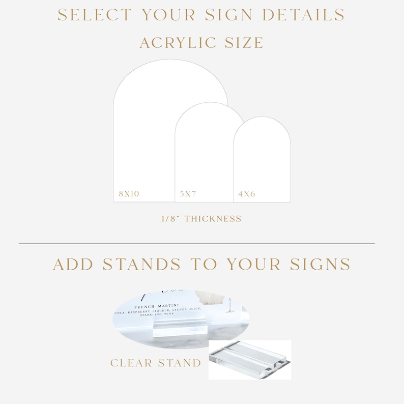 a selection of sign details, including the sizes of the signs and the thickness of the stands. It also provides instructions on how to add stands to the signs.