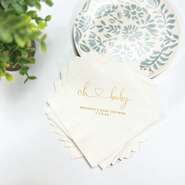Custom Foil Napkins, 'Oh Baby' Script, Cocktail & Luncheon Sizes | Matte Or Shiny Finish | Soft 3-Ply, Personalized