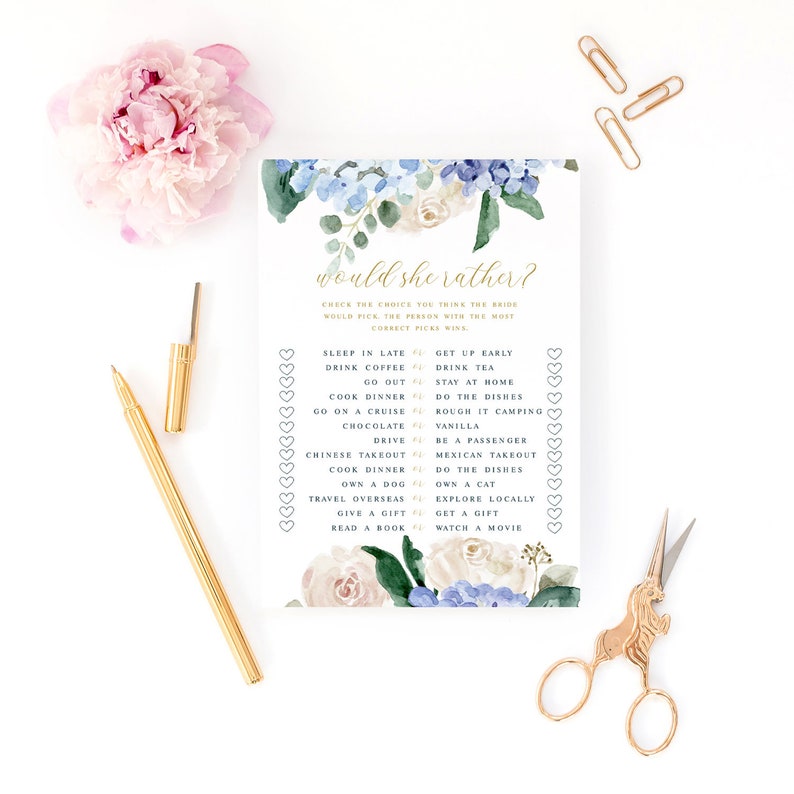 Edit Now Printable Shower Game Bridal Shower Game INSTANT DOWNLOAD Blue Hydrangea Floral Bridal Shower Game Would She Rather?