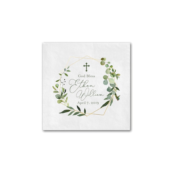 Greenery Geo Religious Napkins, Personalized Religious Napkins, Baptism Christening Napkin, Floral Religious, Full Color Napkins Il_570xn