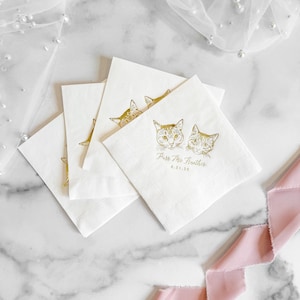 Custom Illustrated Cat Wedding Napkins, Bridal Shower, Engagement Party, Custom Bar Napkins, Custom Pet Wedding Napkins, Cat Napkins