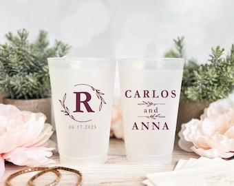 Monogram Frosted Wedding Cups, Modern Wedding Cups, Fancy Elegant Script, Custom Wedding Cups, Plastic Cups, 16oz Frosted Cups