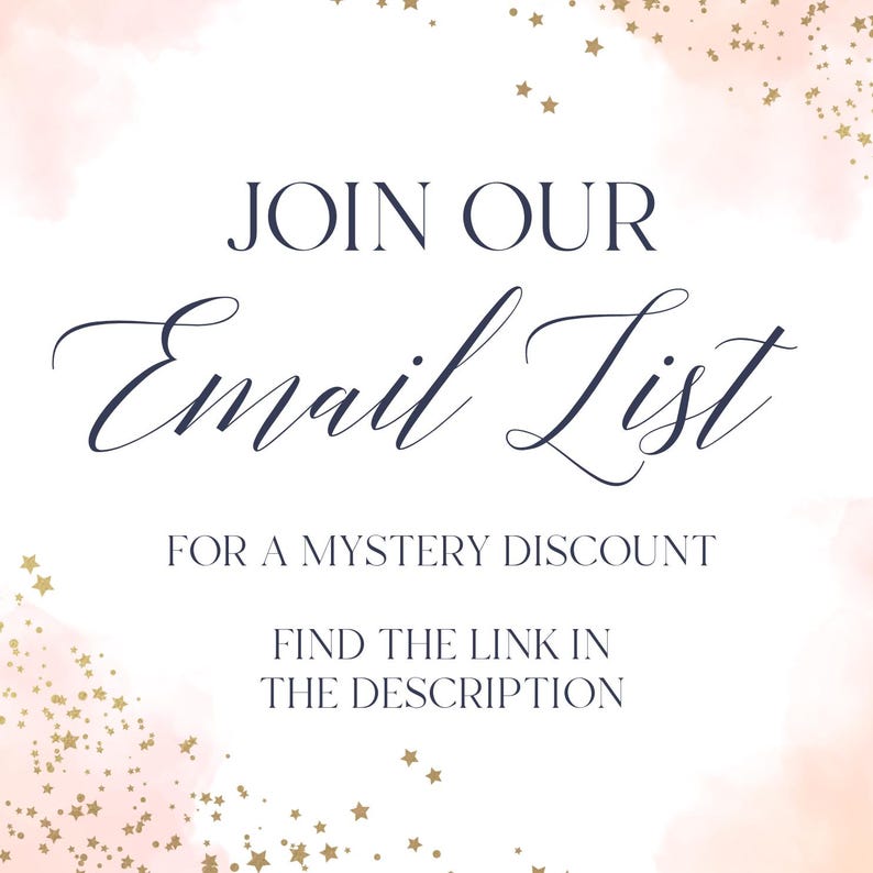 a banner with a pink and gold background, featuring the text "JOIN OUR Email List" and "FOR A MYSTERY DISCOUNT FIND THE LINK IN THE DESCRIPTION".