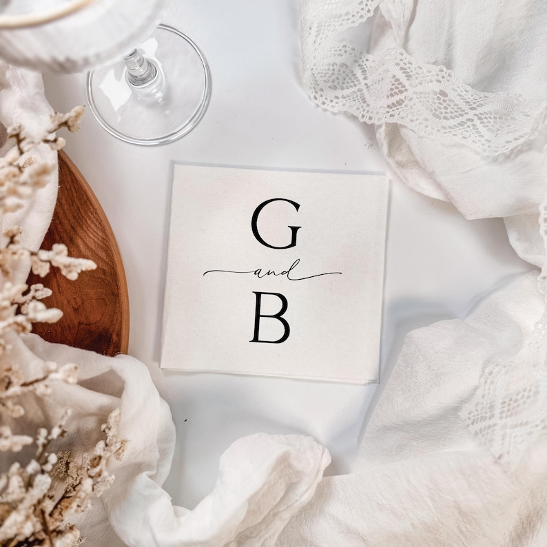 Minimal Initial Wedding Napkins, Personalized Uncoined Cocktail Napkins image 2