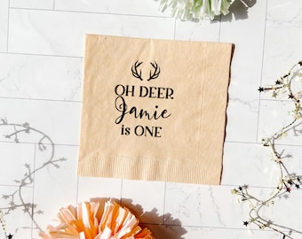 Oh Deer She's One!  Personalized Birthday Napkins, First Birthday Napkins, Outdoor Birthday, Deer Birthday Party, Rustic Birthday