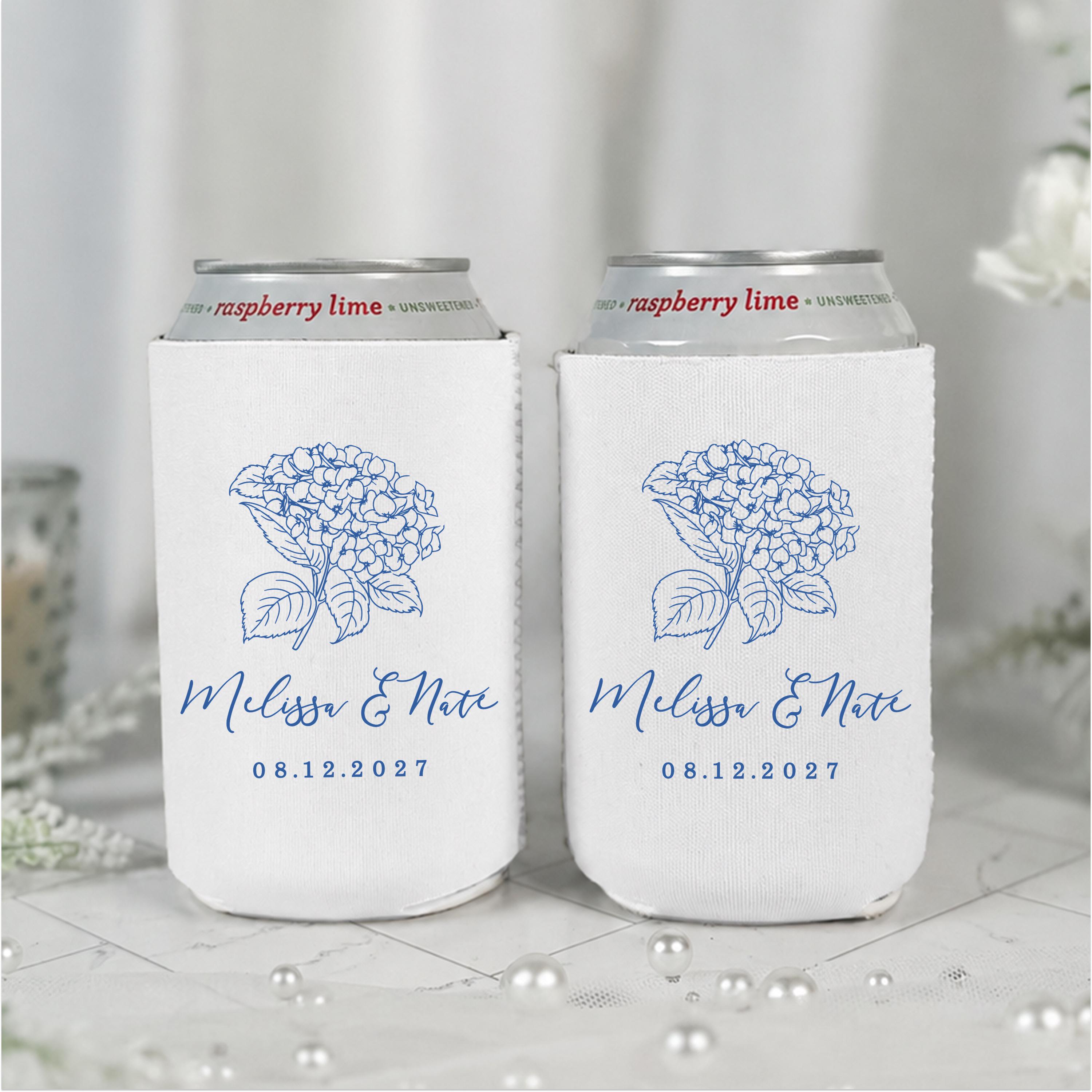 Kohe Suga Personalized Hydrangea Wedding Can Coolers, Bridal Shower Favor
