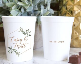Geo Greenery Wedding Cups, Personalized Plastic (16oz or 22oz)