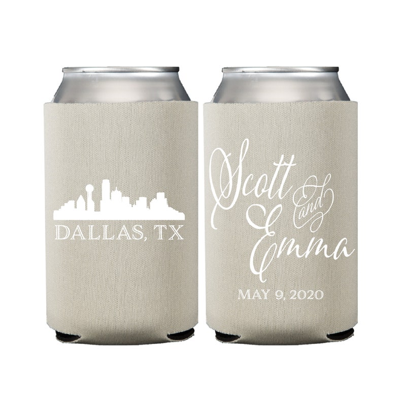 Foam Beverage Holder Custom Wedding Can Cooler Dallas Skyline Personalized Beer Can Holder Wedding Favor