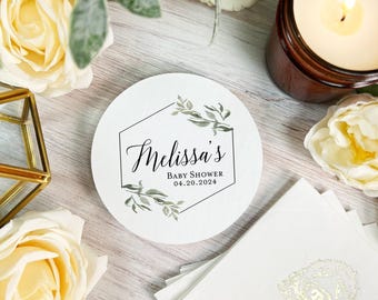 Custom Wedding Coasters: Geo Greenery Full Color - Round or Square