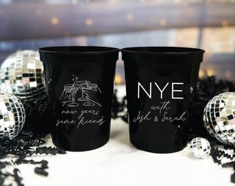NYE Party Stadium Cups, White with Gold Print (16oz or 22oz Reusable)