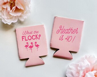 Personalized Flamingo Birthday Can Cooler - Custom Name and Age Printed