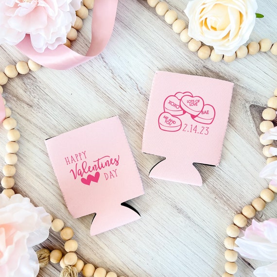 Candy Hearts - Happy Valentine's Day Personalized Beer Can Cooler - Valentine's Can Holder, Valentine's Day Can Cooler Favor Il_570xn