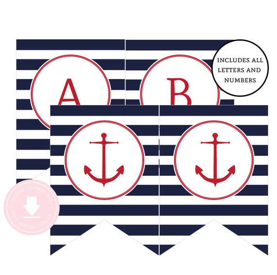 INSTANT DOWNLOAD Nautical Happy Birthday Banner (Red and Navy Nautical Party, Nautical Birthday Banner, Anchor Banner, Boys Nautical Party) Il_570xn