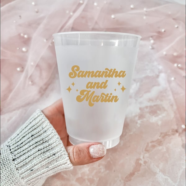 Modern Retro First Name Frosted Wedding Cups, Modern Wedding Cups, Fancy Elegant Script, Custom Wedding Cups, Plastic Cups