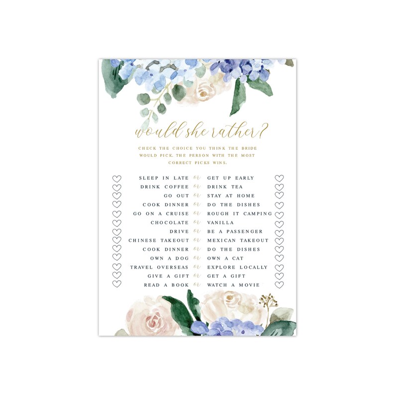 Edit Now Printable Shower Game Bridal Shower Game INSTANT DOWNLOAD Blue Hydrangea Floral Bridal Shower Game Would She Rather?