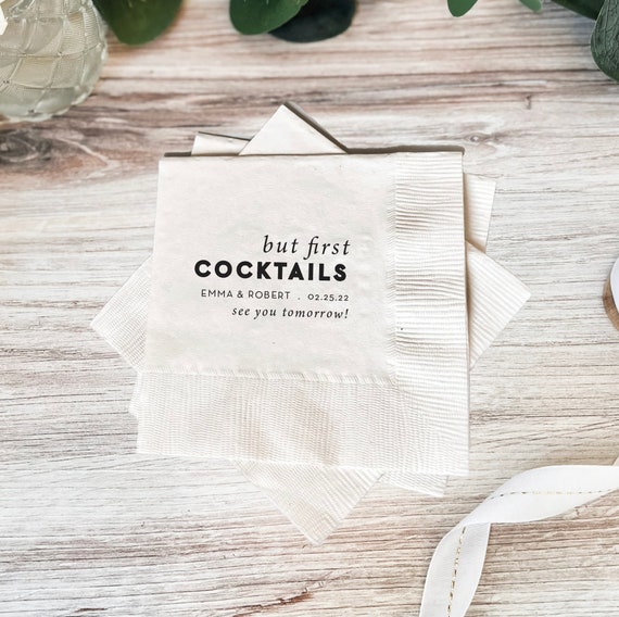 But First Cocktails - Personalized Rehearsal Dinner Napkins, Wedding Napkins, Engagement Party, Custom Bar Napkins Il_570xn