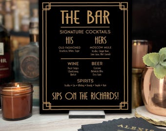 Art Deco Wedding Bar Sign - Acrylic Cocktail Menu, Personalized Reception Decor