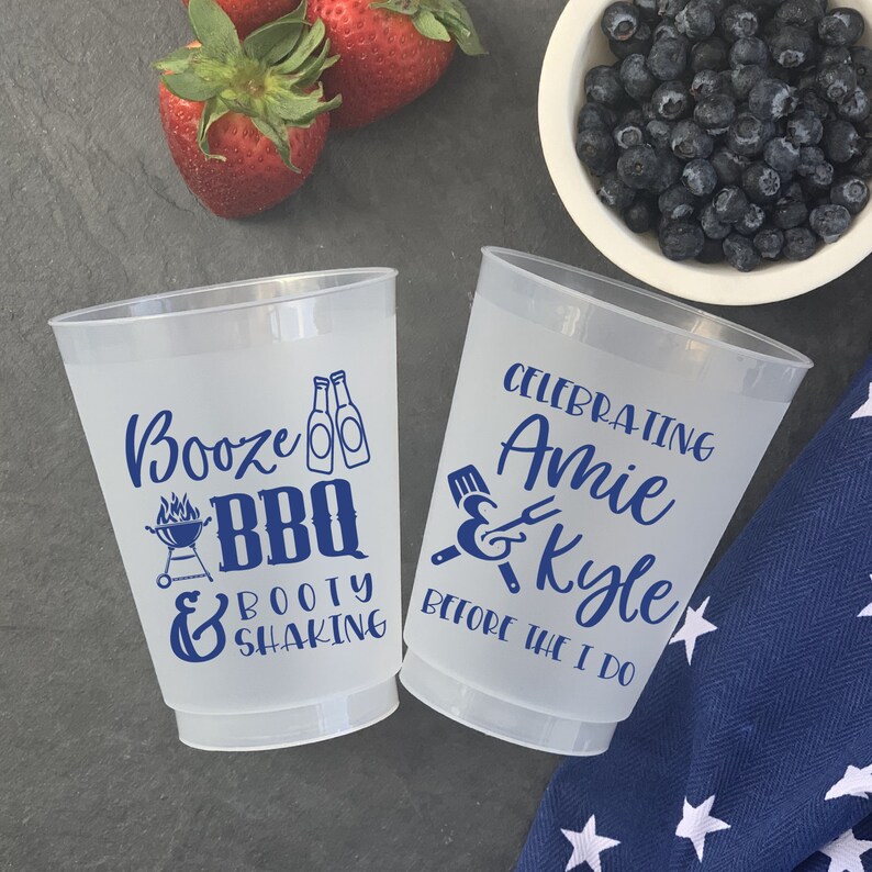 Booze BBQ and Booty Shaking BBQ Personalized Wedding Bridal Shower Rehearsal Dinner Bachelorette Shatterproof Plastic Cups