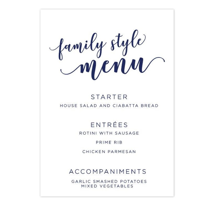 Family Style Menu Buffet Menu Wedding Reception Menu Cards Etsy