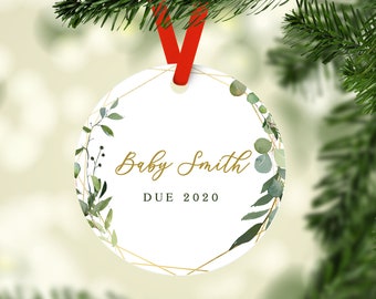 Baby to Be Personalized Christmas Ornament, Pregnancy Announcement Ornament, Baby Due Christmas Ornament, New Baby Ornament, Geo Greenery