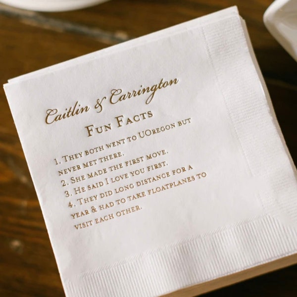 Fun Facts Personalized Wedding Napkins - Bridal Shower - Rehearsal Dinner - Engagement Party Napkins - Wedding Bar Napkins