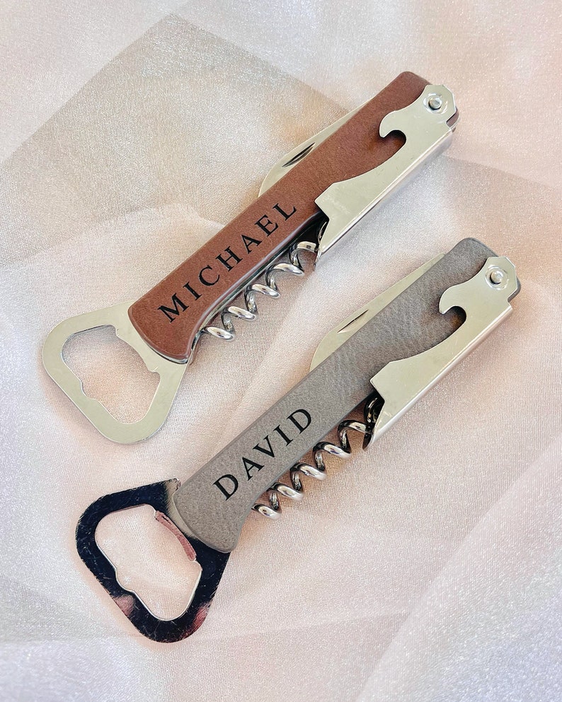 A corkscrew opener made from high-quality, richly textured, synthetic material is spot resistant, easy to clean, and durable enough for the rigors of daily use,  the handle is covered with a leather laser engraved name.