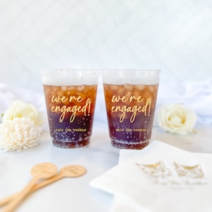 We're Engaged Frosted Engagement Party Cups, Modern Wedding Cups, Fancy Elegant Script, Custom Wedding Cups, Plastic Cups