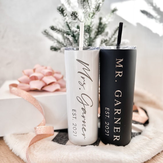 Personalized Bride and Groom Skinny Tumbler - Personalized Newlywed Tumbler, Laser Engraved, Stainless Steel Tumbler, Future Mrs Gift Il_570xn
