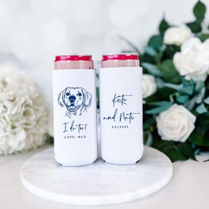 Custom Illustrated Dog Slim Can Holder -  Wedding Pet Can Cooler, Wedding Favors, Beverage Insulators, Beer Huggers, Slim Beer Holders