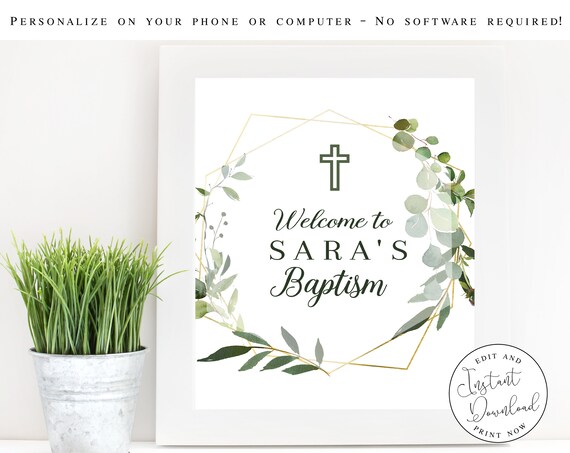 Printable Geo Greenery Baptism Welcome Celebration Print, Calligraphy Welcome Sign, Christening Welcome Sign, Multiple Sizes, Digital Print Il_570xn