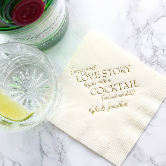 Every Great Love Story Begins with a Cocktail - Personalized Wedding Napkins, Rehearsal Dinner, Engagement Party, Custom Bar Napkins Il_570xn